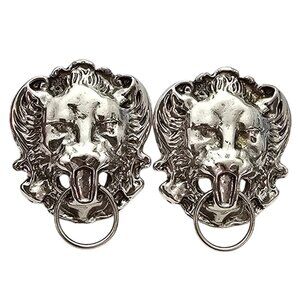 Gio Lion's Head Knocker Style Clip On Silver Tone Earrings Signed, J526